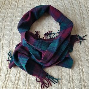 LL BEAN JOHN HANLY 100% LAMBSWOOL WOVEN SCARF PLAID FRINGE IRELAND UNISEX
